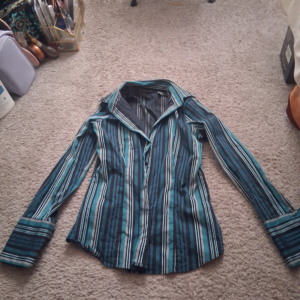 New York & Company Striped Stretch Button-Up - Teal, Light Blue & Black